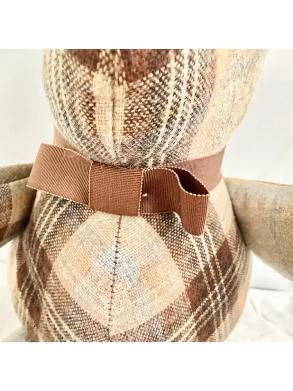 Vintage Handmade Patchwork Plaid Plush Stuffed Animal Teddy Bear Ribbon Bow Toy